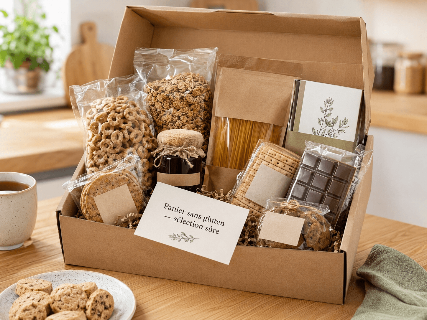 Panier cadeau sans gluten JuliSafe sur table de cuisine