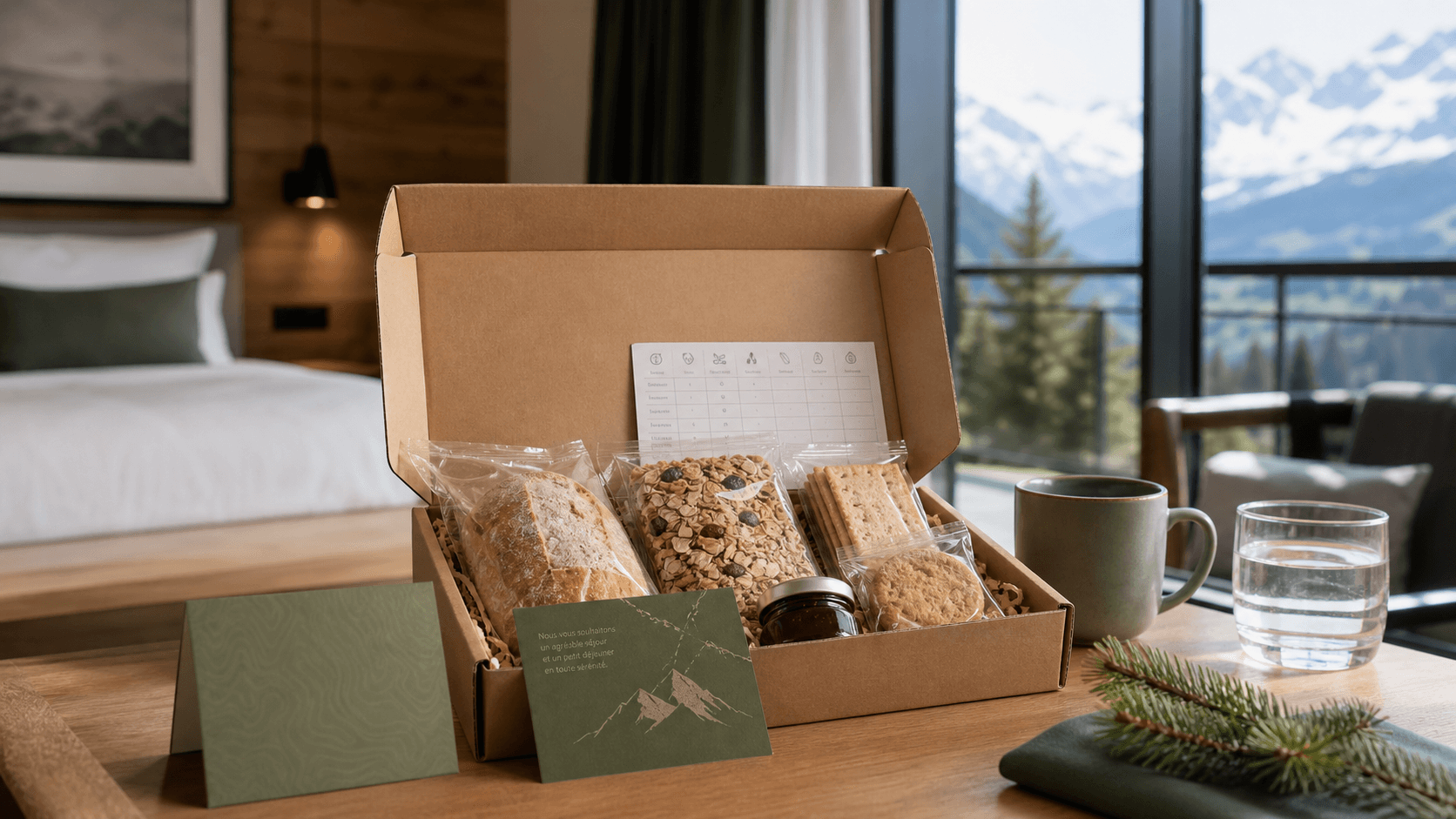 Kit sans gluten pour hôtel suisse avec produits préemballés et fiche allergènes